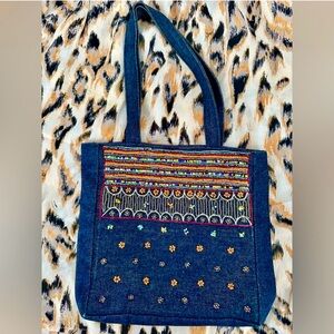 Vintage small dark denim beaded handbag